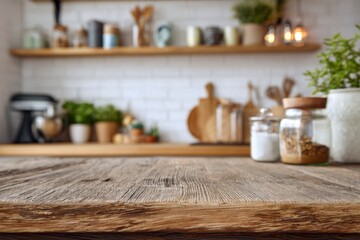 Wooden Table in Rustic Kitchen with Jars and Plants