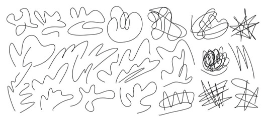 Vector set of hand drawn black messy swirl lines, scribble strokes, sprawling signatures, squiggles, messy curves for advertisement, mental struggling concept, chaotic way direction