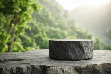 Stone Podium Display on Rock Formation with Mountain View