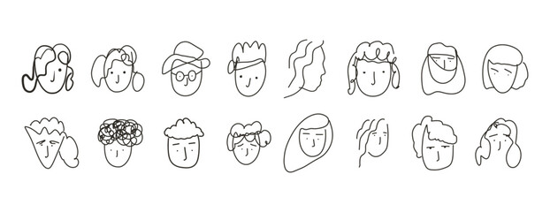 Set of cute doodle hand drawn linear human face portraits. Delicate outline black one line continuous drawing woman and man head silhouettes for poster and greeting card design, logo, sticker