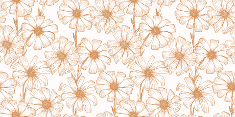 Lovely sketch seamless pattern with outline engraved orange chamomile flowers. Vintage hand drawn illustration of gerbera flower, texture for floral textile, wrapping paper, botanical surface
