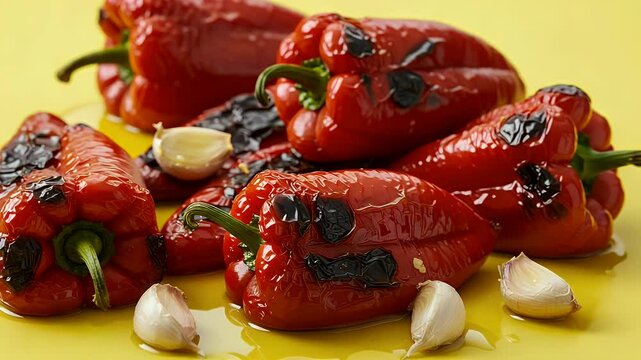 Grilled red bell peppers with garlic on yellow