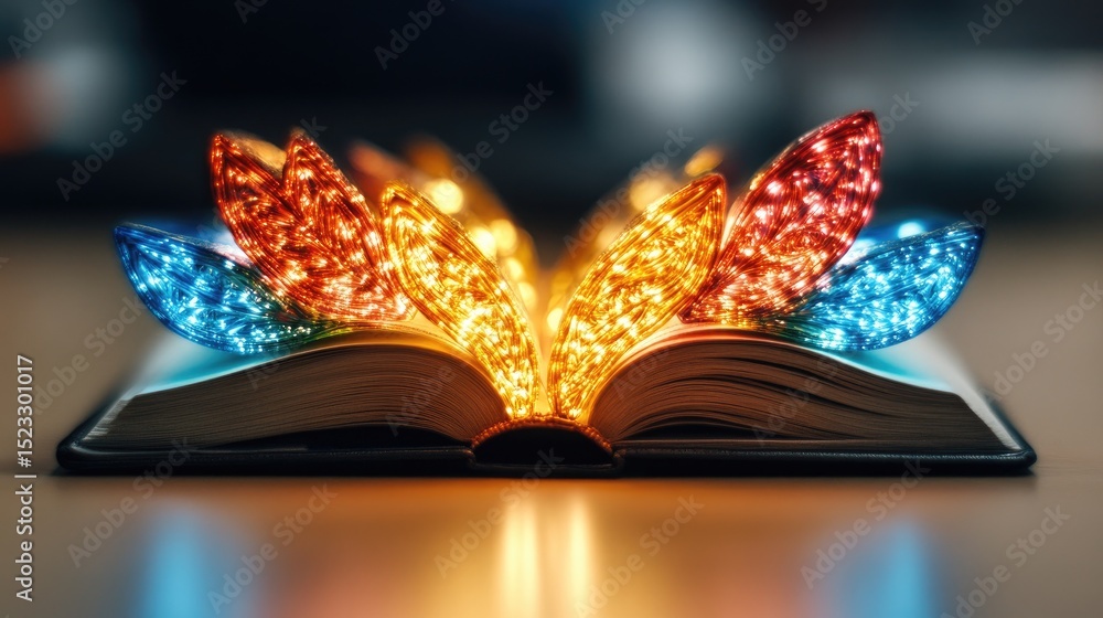 Aufkleber open book with colorful lights emanating from its pages, creating a magical, ethereal ambiance on th
