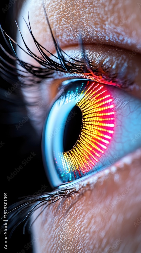 Poster close-up view of an eye with a colorful iris and detailed eyelashes. focus on detail and color