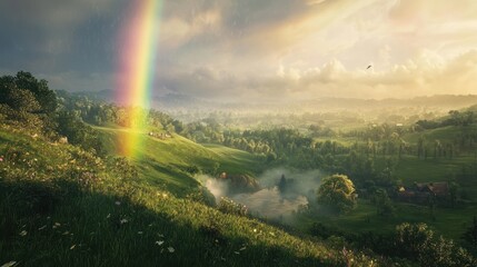 A vibrant landscape with a rainbow