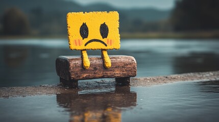 Square yellow cartoon face sits sadly on a small bench in an outdoor watery setting