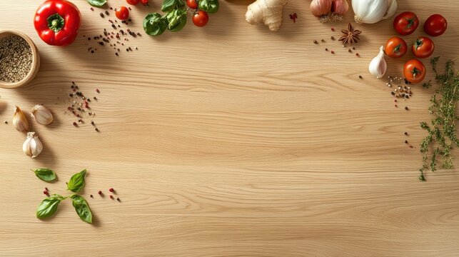 Freshly gathered kitchen ingredients arranged on light-colored wooden surface. 