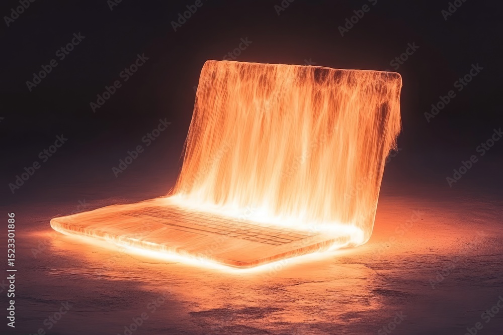 Poster laptop engulfed in flames. glowing heat emanates from the computer's surface, creating a surreal loo