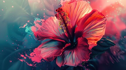 Vibrant hibiscus flower, abstract painting style