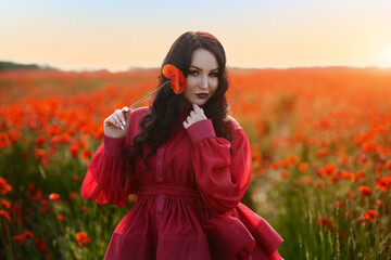 Sexy girl in short red dress posing on poppy field of flowers.