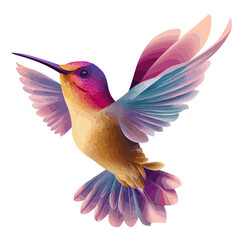 Fototapeta premium Vector illustration of colorful stylized hummingbird in mid-flight on transparent background.