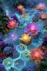 Fantasy Pond with Glowing Lotus Flowers