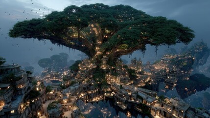 Fantasy Tree City at Night