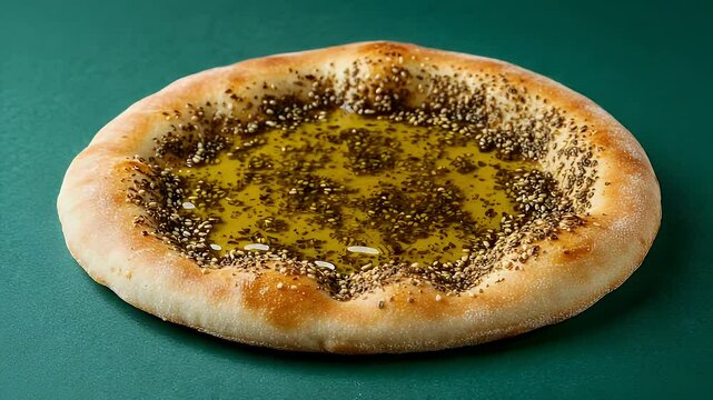Lebanese zaatar bread manouche on green backdrop