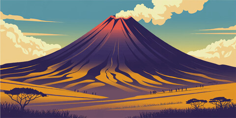 Majestic Volcanic Mountain Landscape Illustration at Sunrise with Hikers, African Savannah Scenery, Vibrant Colors, Adventure Nature Art