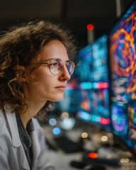 Female Scientist Analyzing Complex Data on Computer Screens
