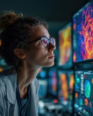 Female Scientist Analyzing Data on Multiple Screens