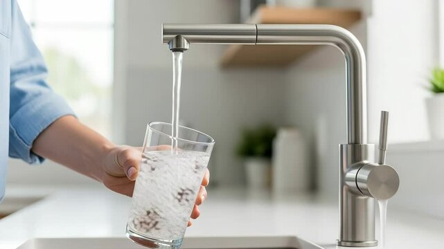 A woman fills a glass mug with tap water from the kitchen sink &mdash; for news about water quality and its control