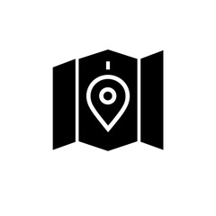 Flat black vector icon of a folded map with location pin marker
