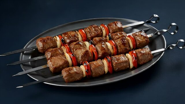 Meat shish kebab with vegetables on plate