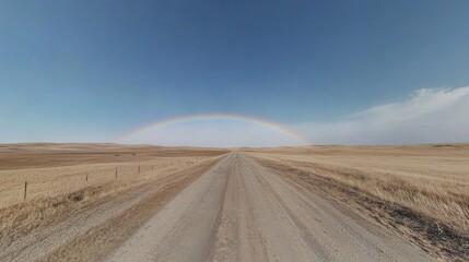 Naklejka premium A full rainbow arches over a long, straight dirt road cutting through a vast, flat, dry, golden-brown prairie under a mostly clear, pale blue sky.