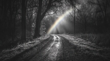 Obraz premium Monochromatic forest path with a faint rainbow appearing as sunlight breaks through the trees, illuminating a wet, dirt road