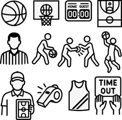 basketball icon pack. flat vector icons for players, hoop, referee, scoreboard, strategy board, timeout and uniform.
