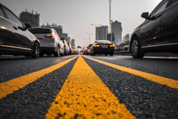City Street with Cars and Yellow Lines