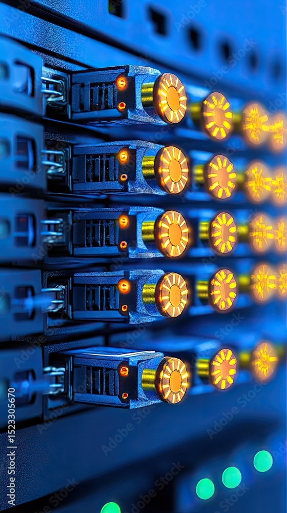 Aufkleber server racks with glowing orange and green lights showing data processing