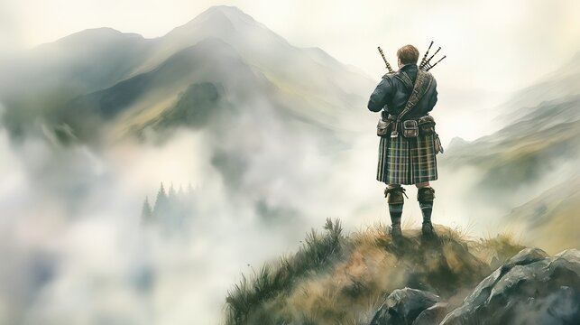 Scottish highlander standing on mountain top amidst misty landscape  