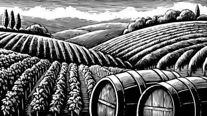 Fototapeta premium Black and white sketch vector of a hillside vineyard with grape vines and rustic barrels