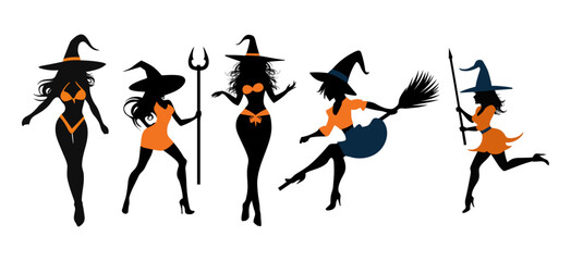 Set of beautiful witchy silhouettes, women witches