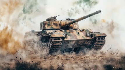 Fototapeta premium Historical World War II tank driving through smoke and dust 