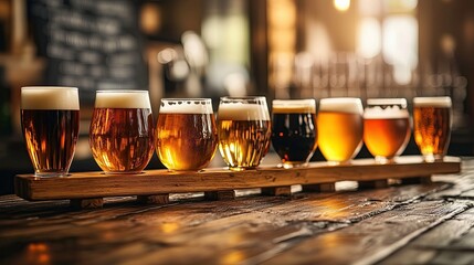 Assortment of beer glasses arranged on wooden table in pub setting  