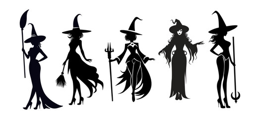 Set of beautiful witchy silhouettes, women witches