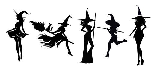 Set of beautiful witchy silhouettes, women witches