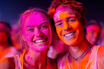 Obraz premium masked revelers in fluorescent face paint celebrating, ultraviolet lighting creating surreal orange and pink effects, energetic party scene