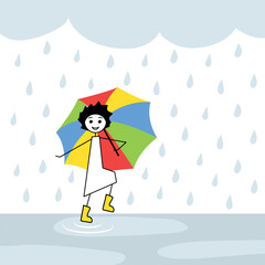 happy girl playing in the rain with colorful umbrella, cartoon vector illustration