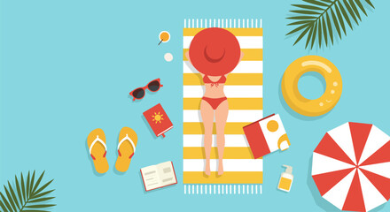 Aerial view of woman in red bikini on yellow and white striped beach towel with beach essentials