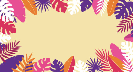 Circular arrangement of tropical leaves with bright yellow background