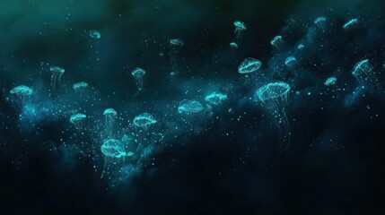 Fototapeta premium A digital illustration of bioluminescent jellyfish gracefully drifting in a dark, 