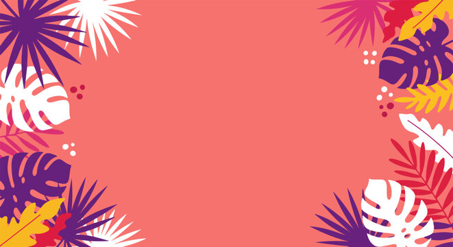Tropical foliage arrangement with blue, yellow, red, and white leaves on a pink background
