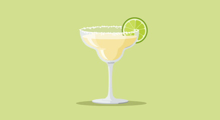 Classic margarita cocktail in a traditional glass with lime slice on green background
