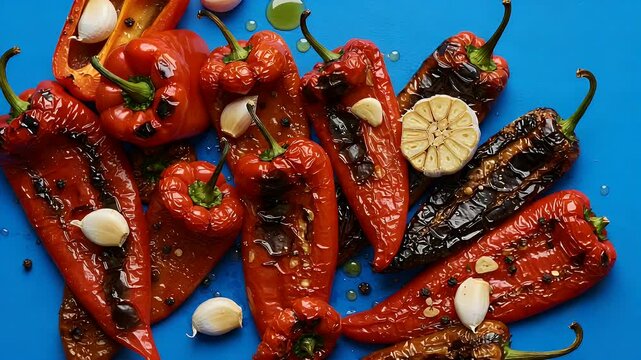 Roasted peppers with garlic on blue background