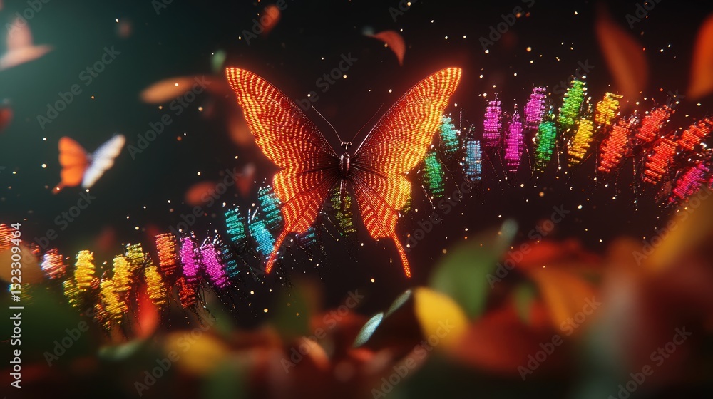 Poster glowing butterfly soars over autumnal leaves and a colorful, blurred array of patterns
