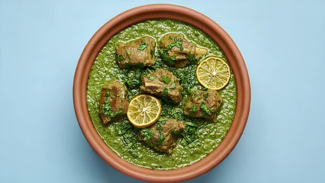 Saag meat in bowl rotating