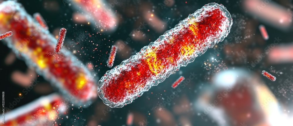 Poster microscopic cylindrical structures with red and yellow internals float amidst blurred elements