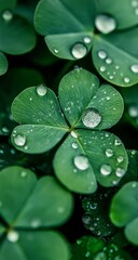Fototapeta premium A close-up of dew on four-leaf clovers, symbolizing good fortune and luck for the St. Patrick's Day celebration. 