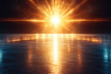Light explosion over water with star like bright rays