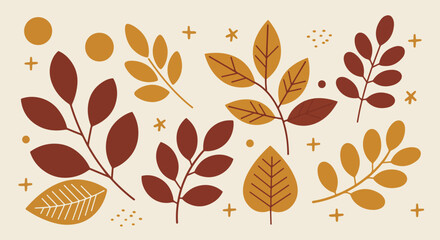Autumn foliage illustration with deep browns, golden yellows, and maroon tones